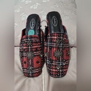 Adrianna Papell Red Plaid Embellished Mules
